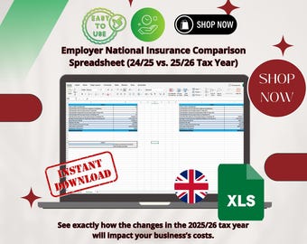 May include: A laptop computer screen displaying a spreadsheet comparing employer national insurance rates for the 2024/25 and 2025/26 tax years. The spreadsheet is labeled "Employer National Insurance Comparison Spreadsheet (24/25 vs. 25/26 Tax Year)". The laptop is on a red and green background with the text "Shop Now" and "Instant Download" on the screen.