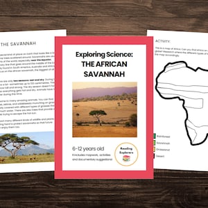 May include: Educational materials about the African savanna. The image shows three pages: a text description, a cover with the title "Exploring Science: The African Savannah", and a map of Africa for an activity. The materials are for children aged 6-12.
