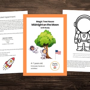 May include: A printable activity pack for children aged 4-7 about the book "Midnight on the Moon" by Magic Tree House. The pack includes a rocket experiment, an astronaut colouring page, and a reading explorer logo.