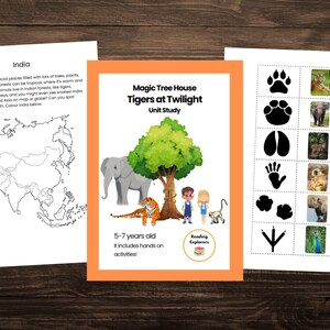 Könnte beinhalten: Ein buntes, druckbares Arbeitsblatt für Kinder über Tiger. Das Arbeitsblatt zeigt eine Karte von Asien, einen Kompass, einen Tiger, einen Elefanten und einen Baum. Der Text auf dem Arbeitsblatt lautet "Indien" und "Magic Tree House Tigers at Twilight Unit Study".