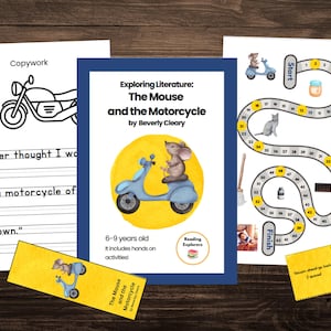 May include: Educational materials for children featuring "The Mouse and the Motorcycle" by Beverly Cleary. Includes a copywork sheet, a game board, and a bookmark. The book cover shows a mouse riding a blue scooter.