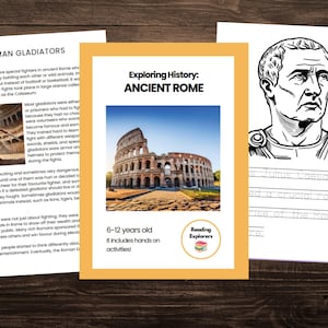 May include: A black and white illustration of a Roman gladiator wearing a helmet and holding a sword. The image is part of a printable educational activity for children about ancient Rome. The text on the page reads "Roman Gladiators" and "Exploring History: Ancient Rome".
