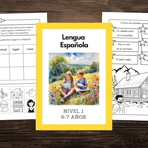 May include: A colourful worksheet for learning Spanish, featuring a picture of children reading in a field, a cabin in the woods, and a matching activity with stars. The worksheet is titled "Lengua Española" and says "Nivel 1, 6-7 años".