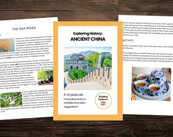 May include: Educational materials about Ancient China. The image shows three pages with text and illustrations. One page is titled "The Silk Road." Another page is titled "Exploring History: ANCIENT CHINA" and includes a picture of the Great Wall. The third page discusses silk.