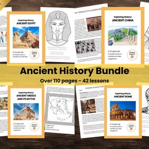 May include: A bundle of educational resources on ancient history, including Ancient Egypt, China, Greece, and Rome. Each lesson is designed for children aged 6-12 and includes activities and video suggestions. The bundle contains over 110 pages and 42 lessons.