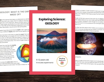 May include: A colorful illustration of the Earth's layers, including the crust, mantle, outer core, and inner core. The illustration is accompanied by text explaining the different layers and their properties. The text includes the words "Exploring Science: Geology" and "6-12 years old".