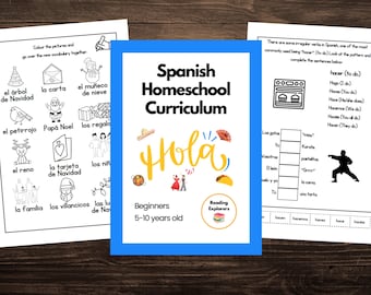 Op de afbeelding: Een kleurrijk werkblad voor Spaans thuisonderwijs voor beginners van 5 tot 10 jaar oud. Het werkblad heeft een kerstthema met illustraties van een kerstboom, de kerstman en andere kerstsymbolen. Het werkblad bevat ook een sectie over onregelmatige werkwoorden in het Spaans, met name het werkwoord "hacer" (doen).