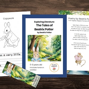 Könnte beinhalten: Lehrmaterialien zu Beatrix Potters "Die Geschichten von Peter Hase". Enthält ein Schreibübungsblatt mit einer Kaninchenillustration, ein Buchcover, ein Lesezeichen und ein Gedicht. Das Buchcover lautet "Exploring Literature: The Tales of Beatrix Potter by Beatrix Potter."