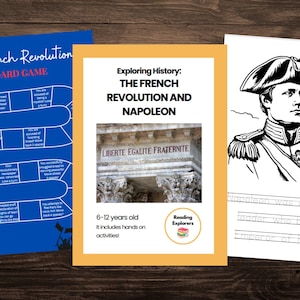 Könnte beinhalten: Ein blaues und weißes Brettspiel über die Französische Revolution. Das Spielbrett zeigt einen Pfad mit verschiedenen Ereignissen und Aktionen. Der Titel des Spiels lautet "The French Revolution Board Game".