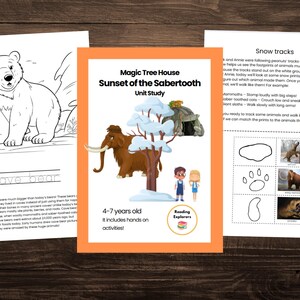 May include: A colorful printable activity booklet for kids ages 4-7 about the Magic Tree House book "Sunset of the Sabertooth". The booklet includes a coloring page of a cave bear, a matching game with animal footprints, and a reading comprehension activity.