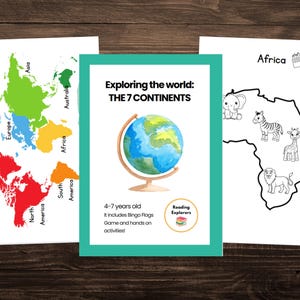 May include: Educational printables featuring maps and globes. One shows a world map with continents in different colors. Another has a globe illustration with the text "Exploring the world: THE 7 CONTINENTS". The third shows an outline of Africa with animal illustrations.