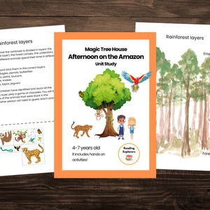 May include: A colorful educational activity for children ages 4-7 about the rainforest. The activity includes a unit study about the Amazon rainforest and a game where children can cut out and sort animals into the different layers of the rainforest. The image shows a colorful illustration of a rainforest with a tree house and children.