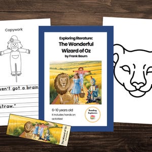 May include: Educational materials for children featuring illustrations and text from "The Wonderful Wizard of Oz" by Frank Baum. Includes a copywork page with a scarecrow drawing and a quote, a book cover, and a bookmark.