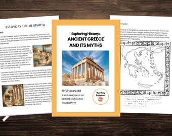 May include: A colorful printable worksheet for kids about Ancient Greece. The worksheet features a map of Greece, a picture of the Parthenon, and text about everyday life in Sparta. The worksheet is titled "Exploring History: Ancient Greece and Its Myths" and is designed for children ages 6-12.