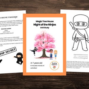 May include: A printable activity pack for kids ages 4-7 about ninjas. The pack includes a coloring page of a ninja, a page with instructions for a secret message activity, and a page with information about ninjas. The pack is titled "Magic Tree House Night of the Ninjas Unit Study".