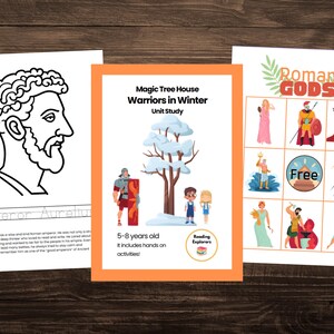 May include: A printable set of educational materials for children. The set includes a coloring page of a Roman emperor, a bingo card with Roman gods, and a unit study guide for a Magic Tree House book about warriors in winter. The unit study guide is for children ages 5-8 and includes hands-on activities.