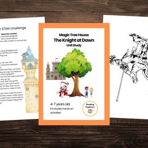 Op de afbeelding: Een printbaar werkblad voor een studiemodule over het boek "De Ridder bij Dageraad" uit de Magic Tree House-serie. Het werkblad bevat een zwart-witte illustratie van een ridder te paard, met het woord "Ridder" in grote letters bovenaan de pagina. Het werkblad is ontworpen voor kinderen van 4 tot 7 jaar en bevat praktische activiteiten.