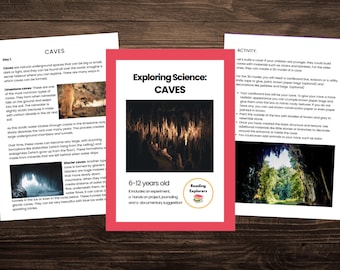 May include: A science activity sheet titled "Exploring Science: Caves" with text and images of caves. The sheet is designed for children aged 6-12 and includes an experiment, project, and journaling prompts.