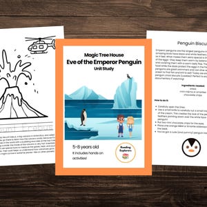 May include: A printable activity sheet for kids featuring a black and white illustration of a volcano erupting. The sheet includes the text "Mount Erebus" and a description of the volcano. The sheet is part of a unit study on the Emperor Penguin.