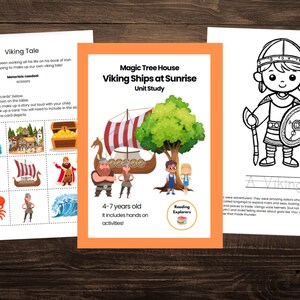 May include: Educational printables for kids featuring a Viking theme. The central image is a unit study cover titled "Magic Tree House: Viking Ships at Sunrise." Additional pages include a coloring page of a Viking and a "Viking Tale" activity.
