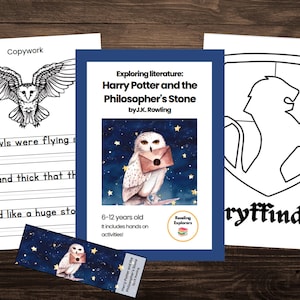 May include: Educational resources for Harry Potter and the Philosopher's Stone. Includes a copywork sheet with an owl illustration, a bookmark, and a Gryffindor crest outline. The main image is a book cover with an owl holding a letter.