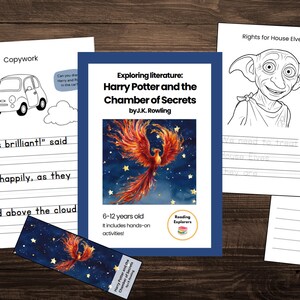May include: Educational materials for children featuring a book cover for "Harry Potter and the Chamber of Secrets" by J.K. Rowling, a bookmark, and coloring pages. The book cover displays a phoenix illustration. The materials are designed for children aged 6-12.