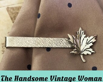 Oak Leaf Silver Tone Tie Bar, Vintage Silver Tone Oak Leaf Tie Clip, New Old Stock Leaf Tie Clip