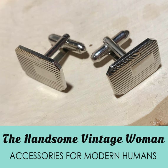 Silver Tone Cuff Links, Engravable Vintage Geomet… - image 5