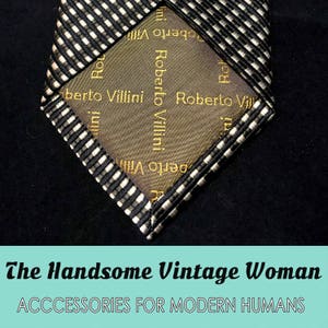 Vintage Roberto Vellini Collezione Necktie, Silk Handmade Neck tie, Black Cream and White, Small Pattern image 6