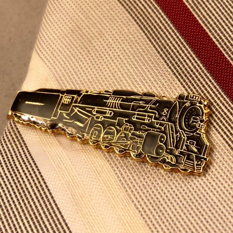 Gold Tone Enamel Railroad Tie Clip Vintage Black Enamel Train Tie Clip Vintage Train Tie Clip