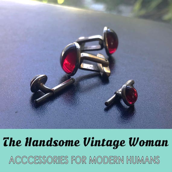 Hickock Tuxedo Set, Vintage Cabochon Red Cuff Lin… - image 5