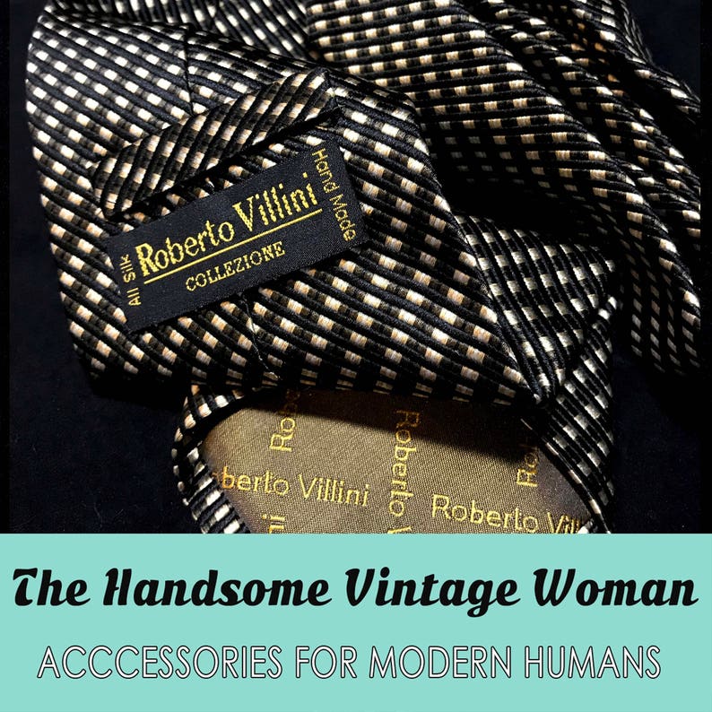 Vintage Roberto Vellini Collezione Necktie, Silk Handmade Neck tie, Black Cream and White, Small Pattern image 7