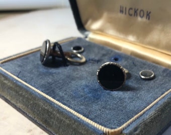 Vintage Hickok USA Suit Set, Onyx Cuff Link and Shirt Stud Set, Rolled Gold Suit Set, Vintage Wedding Jewelry, Mens Jewelry, 1930s Suit Set