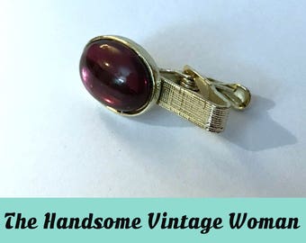 Purple Cabochon Tie Clip, Vintage 1960s Wedding Tie Bar, gold tone metal