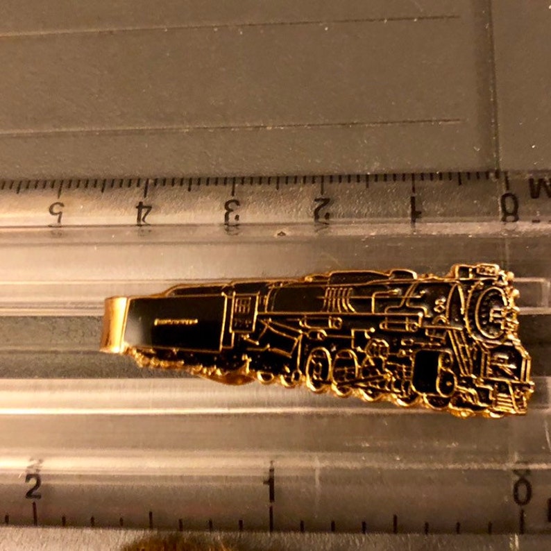 Gold Tone Enamel Railroad Tie Clip Vintage Black Enamel Train Tie Clip Vintage Train Tie Clip