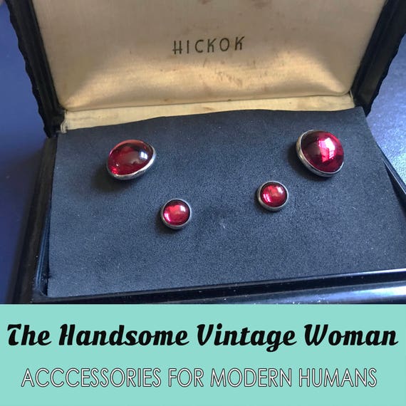 Hickock Tuxedo Set, Vintage Cabochon Red Cuff Lin… - image 4