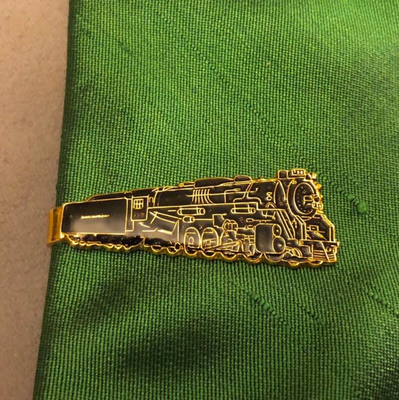 Gold Tone Enamel Railroad Tie Clip Vintage Black Enamel Train Tie Clip Vintage Train Tie Clip