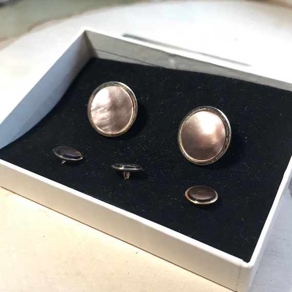 Swank Abalone Gold Cuff Links Suit Set, Rolled Go… - image 1
