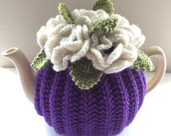 Hand-knitted Floral Tea Cosy in Pure Wool Purple Base & Ivory Flowers - Size Medium - fits standard 6-cup teapots - Great Gift Idea