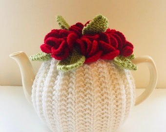 Blood Red Roses - Flower Garden Tea Cosy in Pure Wool & Wool-rich Blend - Size Medium - fits 6 cup teapots