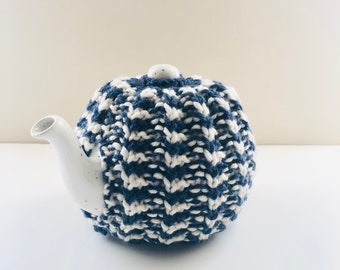 Ceann Maol Tea Cosy in Stripes - Lovely Hand Knitted Ribbed Tea Cosy in Pure Merino- Size SMALL - fits 2-cup teapots - DENIM & IVORY