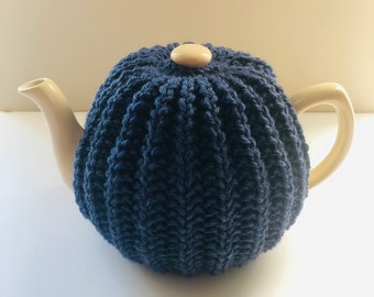 Ceann Maol Tea Cosy - Lovely Hand Knitted Ribbed Tea Cosy in Pure Merino- fits 6-cup teapots - DENIM BLUE