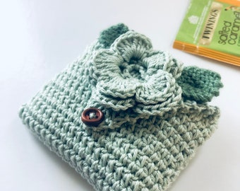 Crocheted Tea Travel Purse / Tea Purse / Tea bag Holder / Tea Wallet - in Pure Cotton - Vintage Green