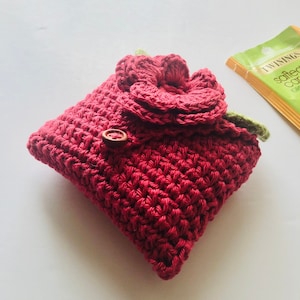 Monedero de viaje para té de ganchillo / Monedero para té / Porta bolsitas de té / Cartera para té - en algodón puro - Terracota oscura - Gran idea de regalo para un amante del té