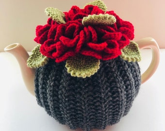 Hand-knitted Floral Tea Cosy in Pure Wool - Medium Size - Fits 6-Cup Teapots - Charcoal Grey and Deep Red Teacosy