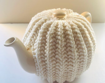 Ceann Maol Tea Cosy - Lovely Hand Knitted Ribbed Tea Cosy in Pure Merino- fits 6-cup teapots - IVORY