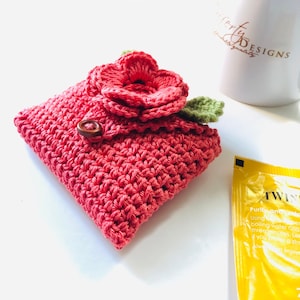 Bolsa de viagem para chá de crochê / bolsa para chá / porta-saquinhos de chá - em algodão puro - coral - ótima ideia de presente para um amante de chá