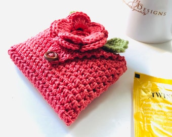 Crocheted Tea Travel Purse / Tea Purse / Tea bag Holder - in Pure Cotton - Coral - Great Gift Idea for a Tea Lover