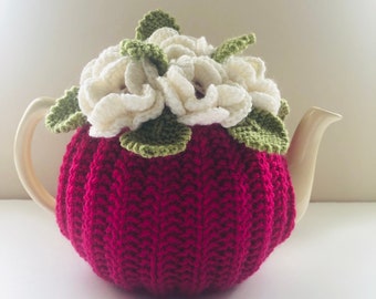 Stunning Hand-knitted Floral Tea Cosy in pure wool - Warmth and Style for Your Teatime! -  Cerise & Ivory - Size Small - fits 2-cup teapots