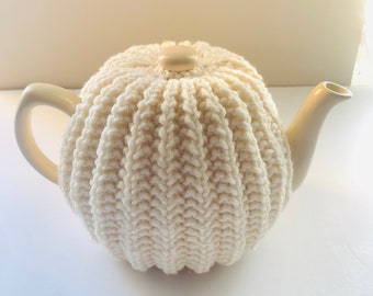 Ceann Maol Tea Cosy - Lovely Hand Knitted Ribbed Tea Cosy in Pure Merino- fits SMALL 2-cup teapots - IVORY